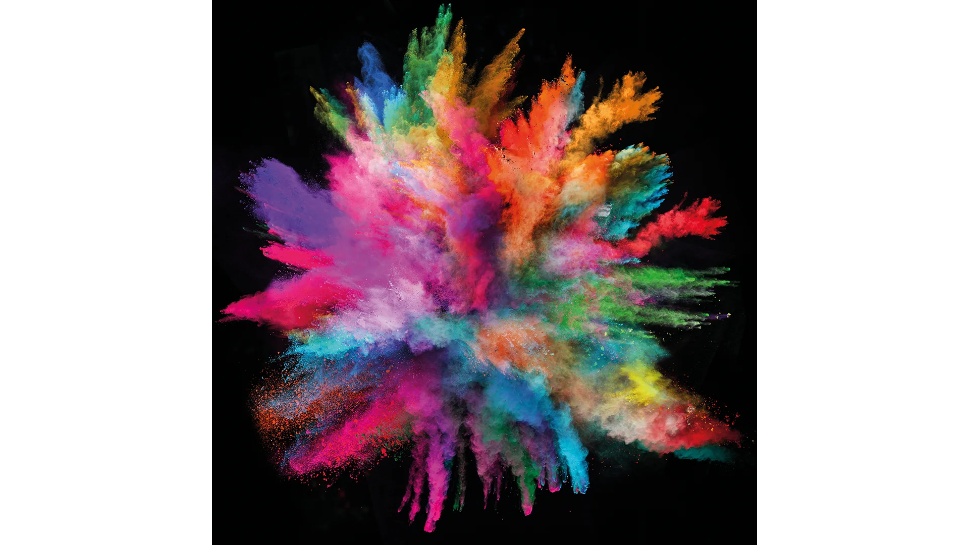 Colorful powder paints explode in front of dark background
